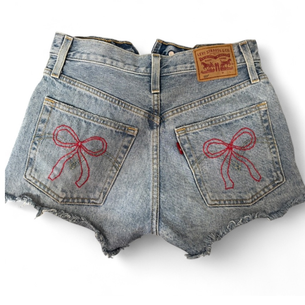 Hand Embroidered Levi’s 501 Jean Shorts with Red Bows